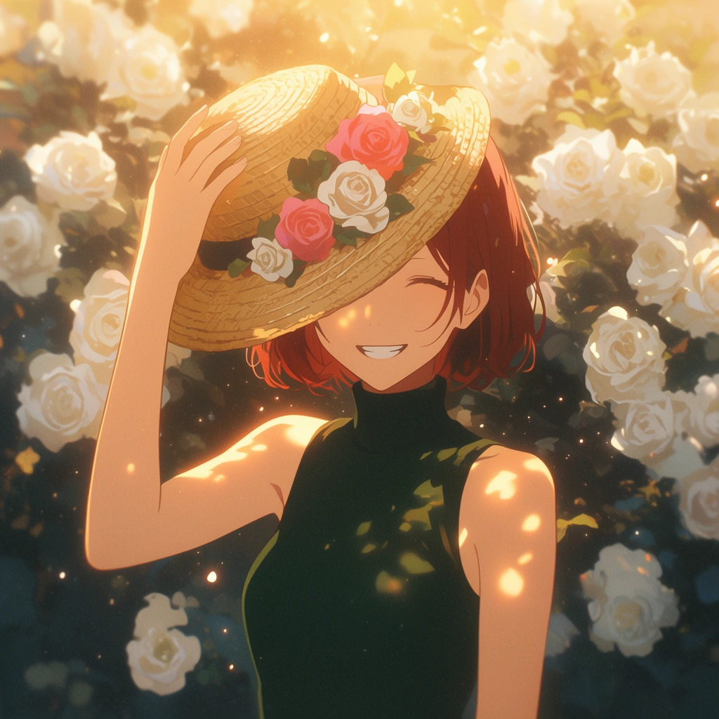 young woman with short auburn hair, dark green sleeveless turtleneck, holding a straw hat adorned with pink and white roses over her face, smiling warmly, surrounded by lush white rose bushes, dark foliage, ethereal golden hour dappled sunlight across her skin, floating dust motes, soft focus anime illustration, cinematic backlighting, warm glowing atmosphere, romantic composition