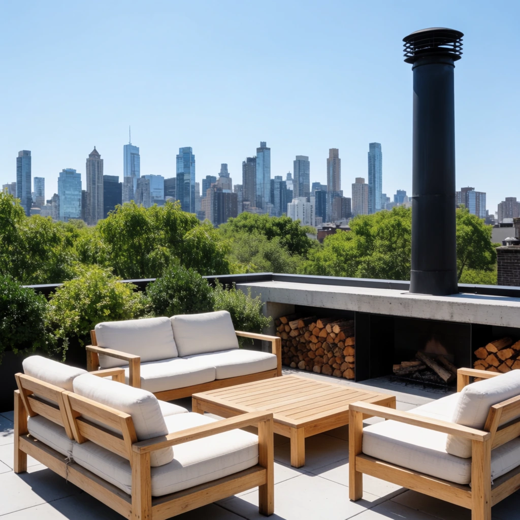modern rooftop terrace, light wood outdoor seating with plush off-white cushions, wooden coffee table, built-in concrete fireplace flanked by stacked firewood, tall black metal chimney, lush green trees midground, dense distant skyscraper skyline, clear bright blue sky, bright midday sunlight, sharp shadows, crisp architectural photography