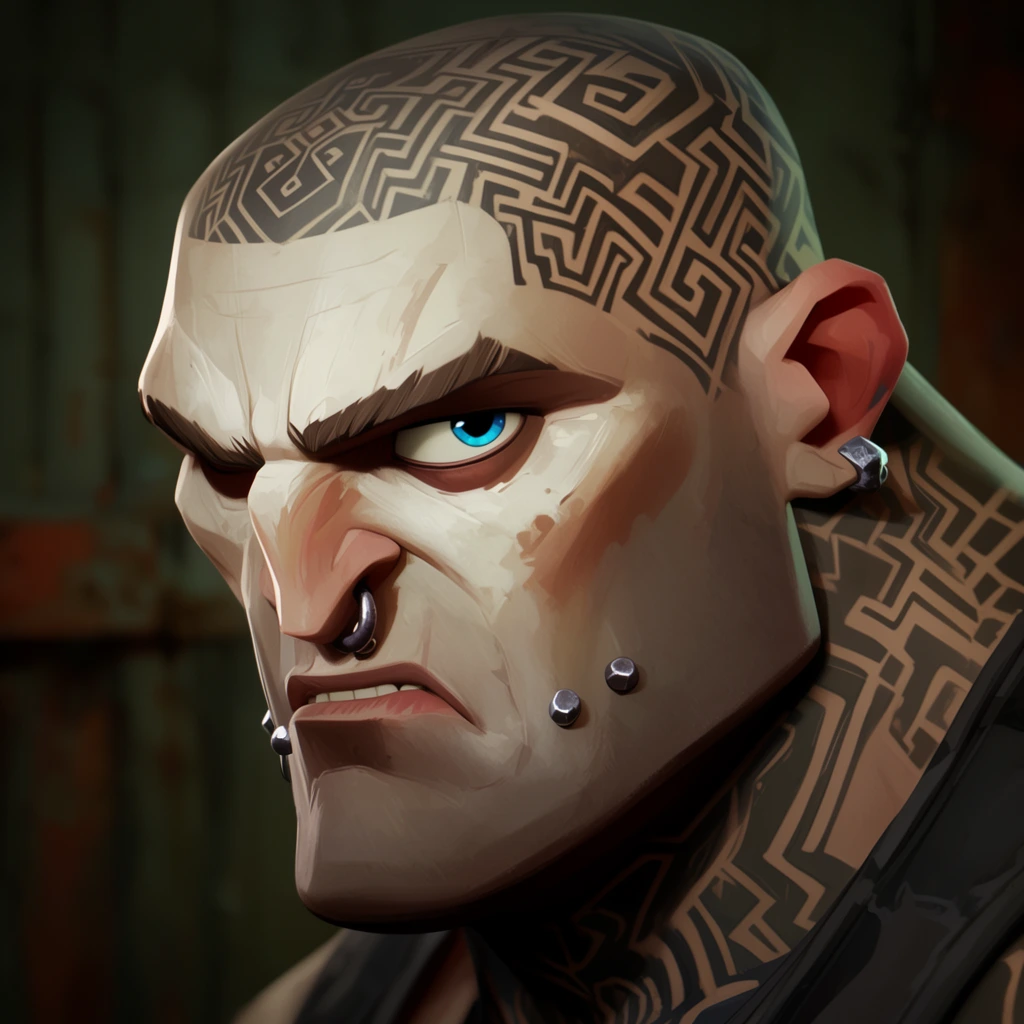 Close-up of a hulking, bald man with pale, angular features and extensive dark geometric maze tattoos covering his head and neck. Rendered in a stylized, painterly 3D animation style, he casts a fierce sideways glare with a bright blue eye. Metallic piercings like a nose ring and cheek studs accent his scowling face. Dramatic lighting highlights his rugged textures against a dark, blurred industrial background of muted olive and rust tones.