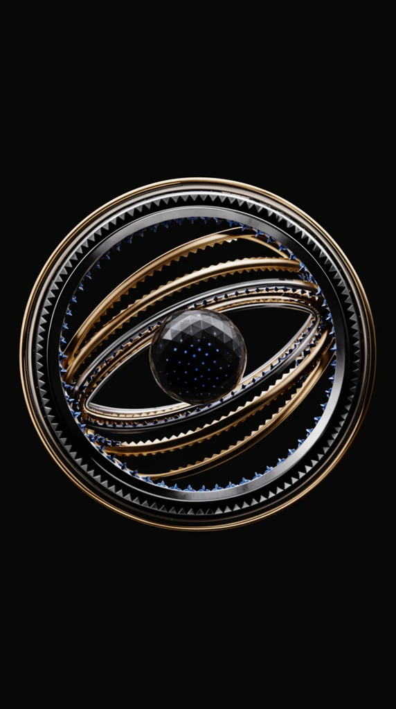 A gyroscopic mechanical structure suspended against a pure black void. A dark, faceted central sphere resembling a pupil contains small blue internal lights. Surrounding this core are nested gold, silver, and black metallic rings. The perfectly circular outer ring contrasts with tilted, elliptical inner rings that converge to form an eye shape. Sharp, gear-like teeth line the inner edges of the bands, accented by small blue star-shaped elements. The composition is a high-contrast 3D render with dramatic lighting emphasizing complex geometric intersecting lines and photorealistic metallic textures.