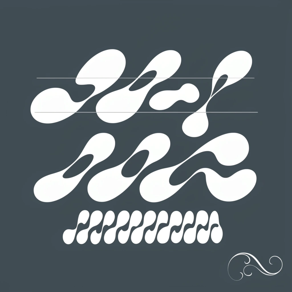 A solid dark slate grey background anchors a central, staggered arrangement of bold, white, flowing abstract shapes. Thin horizontal white lines intersect the crisp upper forms, adding sharp linear structure to the fluid curves. Below the main cluster rests a tighter row of simple, dense white elements. A delicate white ornamental flourish is isolated in the bottom right corner, completing this high-contrast, flat vector-style minimalist composition.
