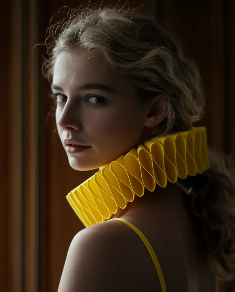 A fine art portrait of a fair-skinned woman looking back over her bare shoulder, illuminated by soft, moody directional light. She wears a striking, bright yellow pleated ruff collar and a matching thin strap. Her wavy blonde hair is loosely tied back with flyaway strands catching the light. The chiaroscuro lighting emphasizes the vibrant sculptural collar and her calm gaze against a dark, warm-toned background with out-of-focus vertical paneling.