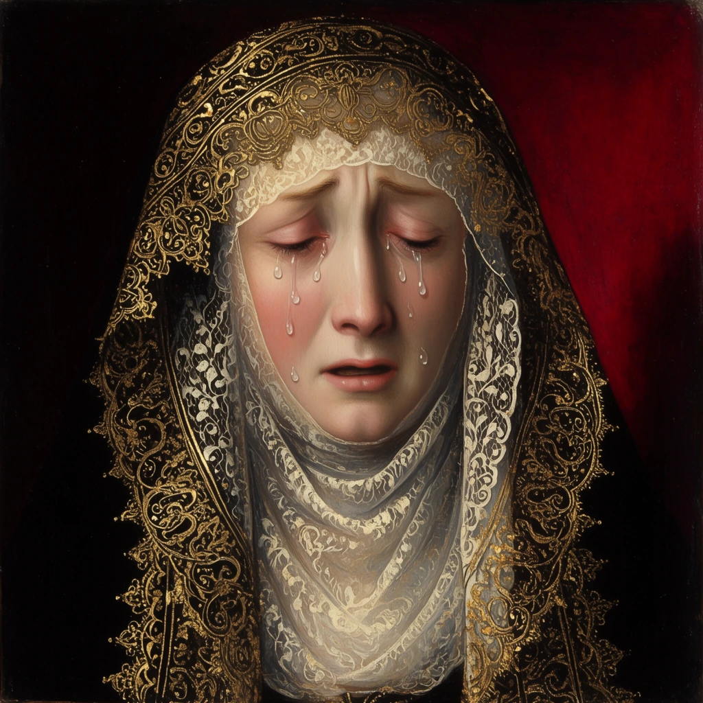 A crying woman wearing a lace veil rendered in an ornate Northern Renaissance panel painting style. The woman's illuminated face emerges from a pitch-black and deep crimson background using dramatic chiaroscuro. Her tears are painted with precise, jewel-like clarity. The intricate lace veil features heavy metallic gold filigree, resembling the meticulous wire-like detailing of illuminated manuscripts. The high-contrast color palette centers on stark blacks, rich blood reds, pale whites, and brilliant gold leaf accents. Fine, precise brushwork contrasts the smooth texture of her skin against the rigid, archaic gold embellishments of the veil.