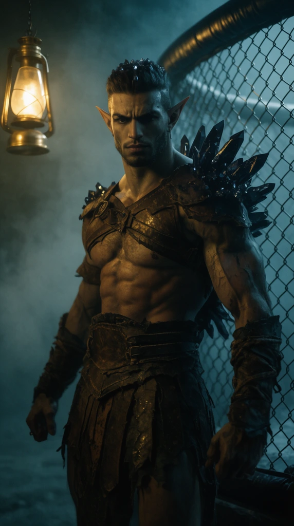 A muscular elven warrior with dark crystalline back-spikes standing defiantly beside a chain-link fighting cage, tattered leather gladiator armor, thick atmospheric fog filling a dark industrial space, blurred chain-link enclosure in the background, warm glowing brass lantern suspended on the left, cool cyan ambient lighting, contrasting golden highlights, dramatic shadows, high contrast cinematic photography, gritty fantasy aesthetic