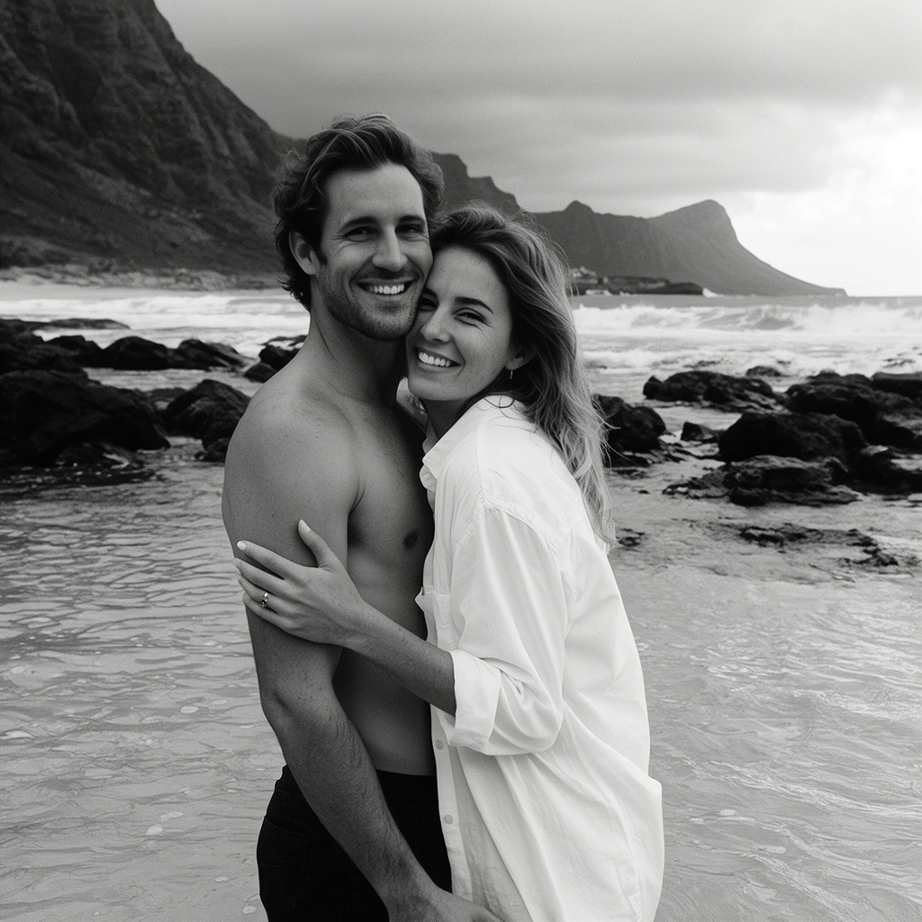 black and white portrait of a smiling couple embracing in shallow beach water, shirtless man and woman in white shirt, rugged coastal mountains, ocean waves, dark rocks, overcast sky, candid, monochrome