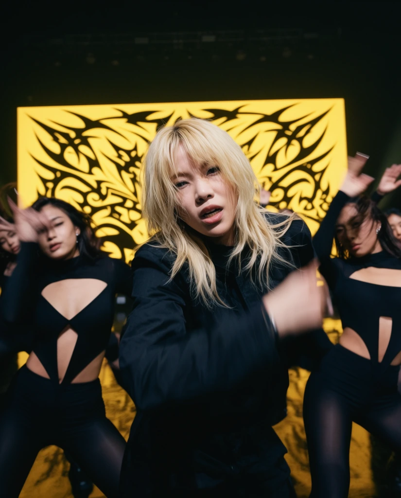 A blonde female performer leads synchronized backup dancers on a dramatically lit stage against a glowing yellow screen. The focal woman has choppy layered blonde hair, a black jacket, and an intense expression captured mid-action. Flanking her, dancers in tight black outfits with sharp geometric torso cutouts strike dynamic choreographic poses, their limbs blurred from rapid movement. The dark environment contrasts sharply with the vibrant rectangular yellow backdrop displaying aggressive black tribal patterns. Shot with a shallow depth of field and a low angle, the cinematic composition focuses sharply on the lead, creating a high-energy atmospheric aesthetic.