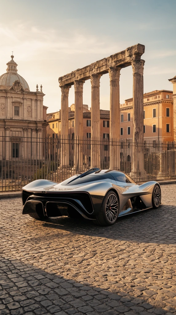 A sleek, silver and black aerodynamic hypercar rests on a textured cobblestone plaza, captured from a rear three-quarter perspective. The ultra-modern vehicle features a sweeping roofline with a subtle central fin, complex multispoke alloy wheels, and a sculpted dark rear diffuser. Behind a tall iron fence, ancient towering stone columns with a weathered architrave stand alongside a classical domed building and warm stucco facades. Bathed in warm golden hour sunlight, dramatic shadows stretch across the uneven stone pavement. The high-resolution automotive photography creates a striking juxtaposition of cutting-edge engineering against classical ruins under a soft, hazy pale blue sky.