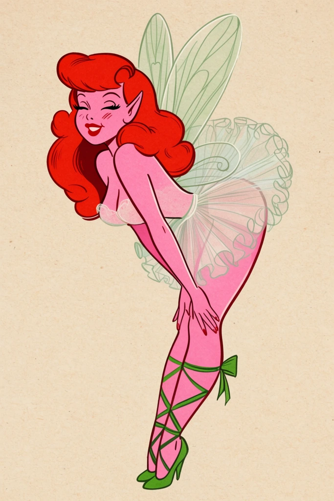 vintage pin-up fairy leaning forward, pink skin, voluminous red hair, pointed ears, sheer ruffled tutu, delicate wings, leg ribbons, green heels, retro 1950s cartoon line art, textured beige paper