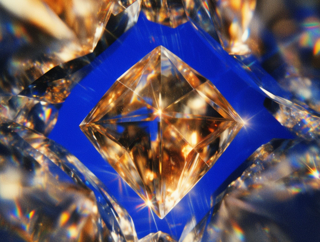 faceted translucent gemstone, vibrant cobalt blue background, macro photography, central diamond shape projecting forward, warm golden and amber internal reflections, enveloped by blurred refracting crystalline structures, intense starburst light flares, prismatic color splitting, heavy film grain texture, high contrast optical distortion