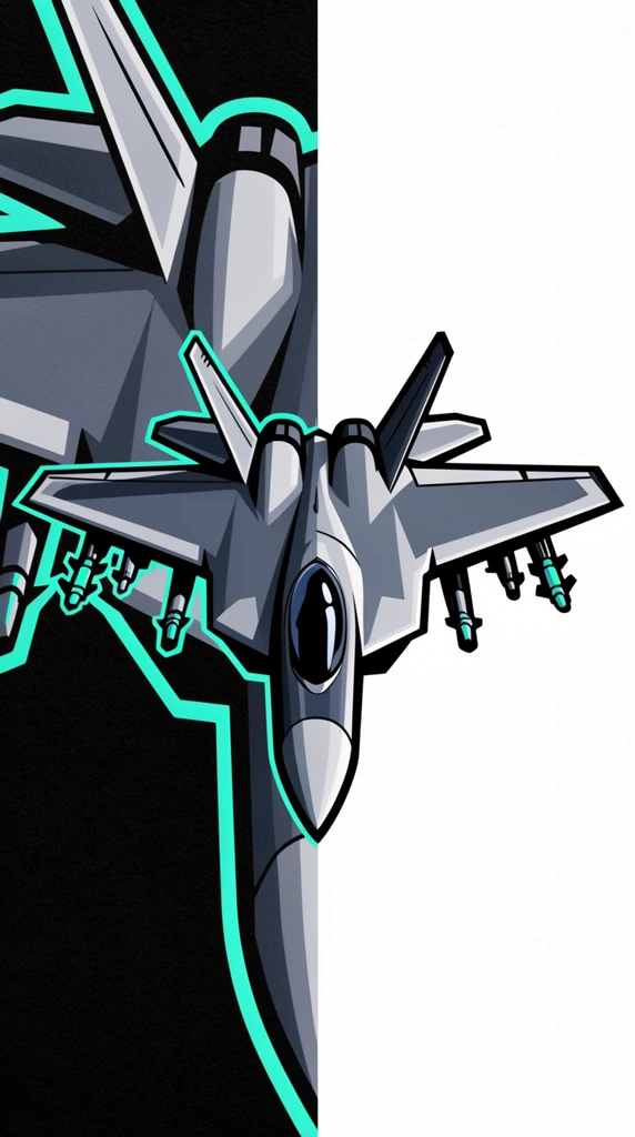 A stylized, aggressive vector illustration of a futuristic fighter jet presented in a high-contrast split layout. The right half displays the full, symmetrical aircraft on a stark white background, rendered with bold black outlines, sharp geometric wings, a dark reflective cockpit, and neon cyan accents on its underwing armaments. The aircraft features crisp cel-shaded layers of slate and light grey. The left half is a vertical panel with a textured black background showing a highly magnified, cropped section of the jet, abstracting its sharp grey shapes and cyan edges into a dramatic graphic pattern. The artwork exemplifies modern digital vector design with flat colors, hard shadows, and a commanding, dynamic aesthetic.