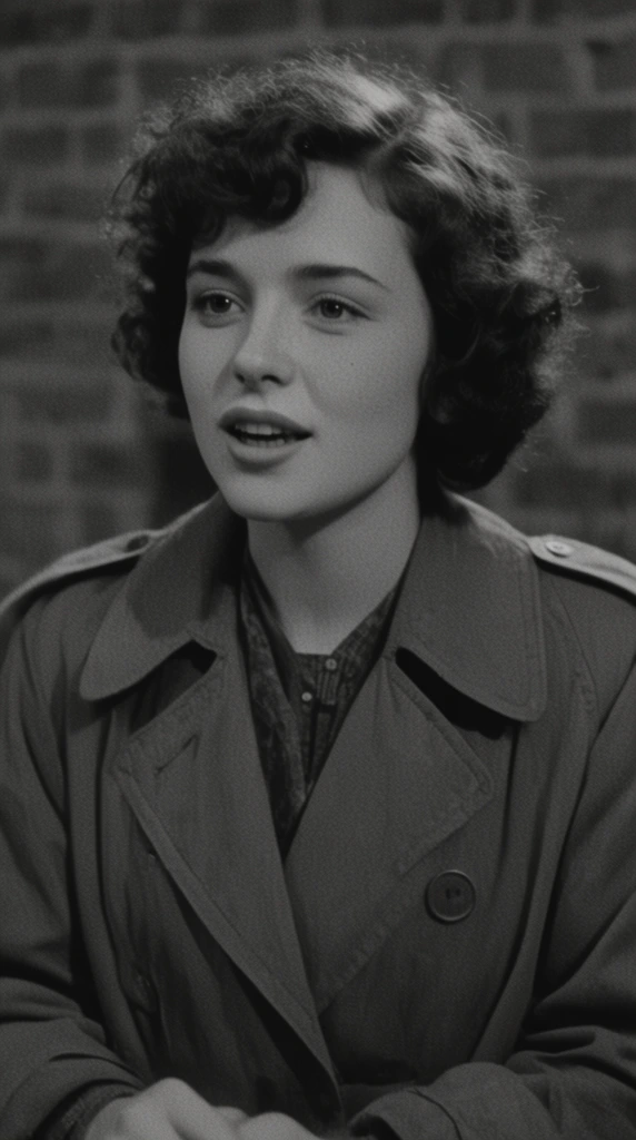 vintage black and white film still, young woman with short curly hair, heavy trench coat, gentle speaking expression, softly lit face, blurred brick wall background, cinematic grain
