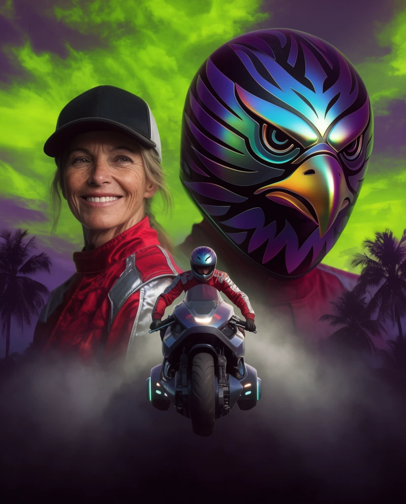 A dramatic cinematic composite poster of a veteran female racer against a neon green and violet sky. On the left, she smiles wearing a cap and a crimson and silver racing suit. On the right looms a massive, stylized full-face helmet featuring an iridescent metallic eagle motif. In the lower center, she pilots a futuristic hover-bike directly toward the viewer, emerging from thick rolling fog that darkens the bottom frame. Silhouetted palm trees frame the edges, enhancing the intense, high-contrast atmospheric montage.