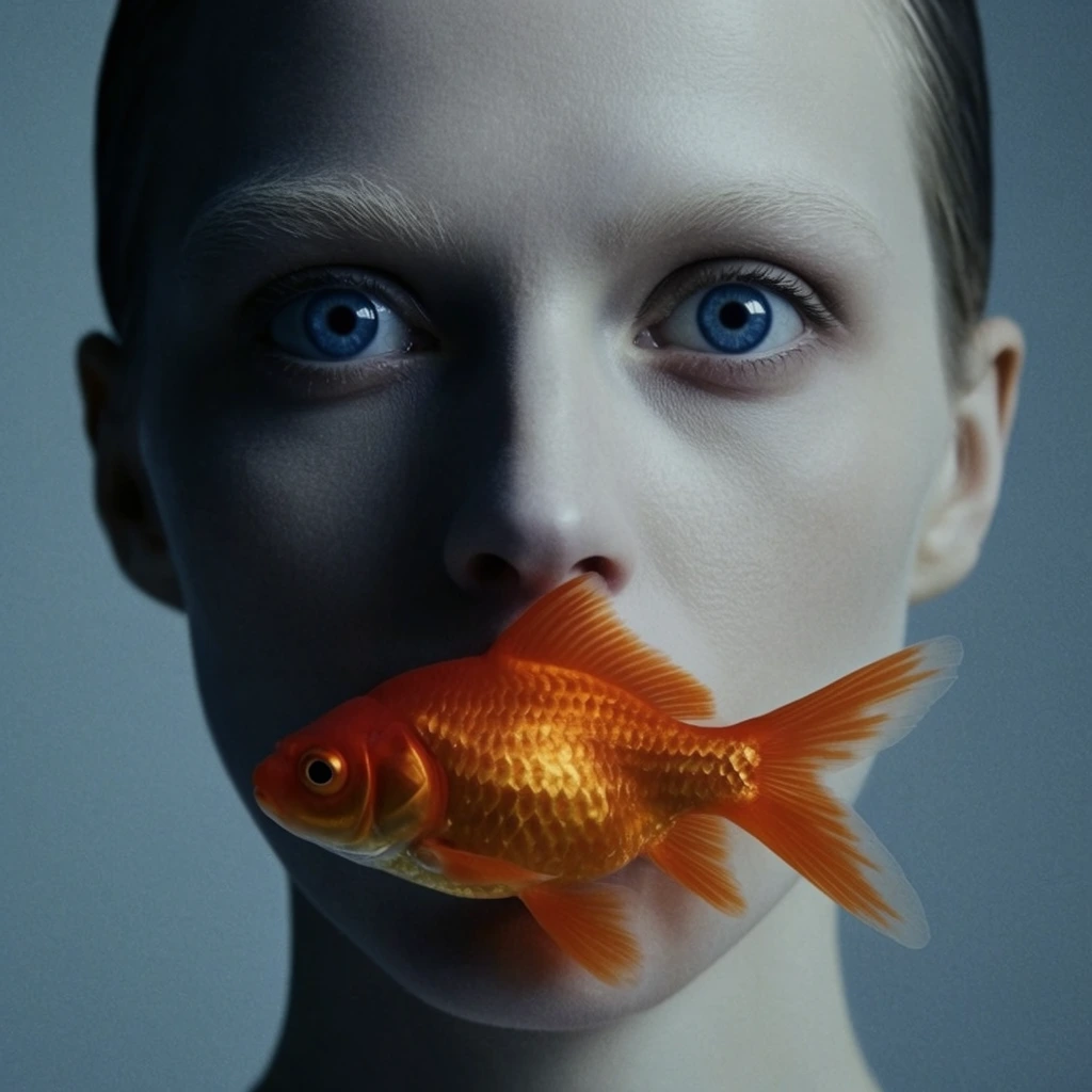 surreal close-up portrait of a person with stark pale skin and wide piercing blue eyes, vivid orange goldfish positioned horizontally directly over the mouth, striking color contrast, cold desaturated blue-grey background, soft dramatic studio lighting casting shadows on the left side of the face, hyper-realistic photography, conceptual high fashion editorial aesthetic, pale eyebrows, slicked-back hair, intense emotionless expression