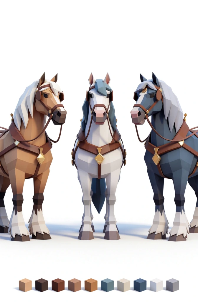 Three stylized, low-poly horses in brown, white, and dark blue-grey stand side-by-side against a plain white background. The horse on the left features a warm tan coat, a thick white mane, and white feathered fetlocks above dark brown hooves, positioned in a three-quarter view facing right. In the center, a white horse with a muted blue-grey mane and tail stands facing forward, equipped with a brown leather harness and a chest strap adorned with a gold diamond-shaped medallion. The horse on the right has a dark slate-blue body with a light grey mane and white feathered fetlocks, turned in a three-quarter view toward the left. Each horse is constructed from sharp, geometric facets and wears brown leather tack with gold metallic accents. A row of nine small, low-poly cubes representing the color palette used in the models is arranged horizontally at the bottom of the frame. The lighting is bright and even, casting soft, neutral shadows on the floor beneath the figures. The composition is a character design showcase, utilizing a clean 3D digital rendering style with an eye-level perspective and a minimalist aesthetic.