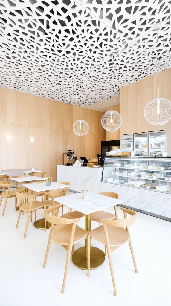 A bright contemporary cafe interior captured through a wide-angle lens features light blonde wood paneling and a striking white geometric cut-out ceiling. Square marble tables with brass bases and curved wooden chairs sit on a smooth white floor. Spherical wire-frame pendant lights hang over a central marble counter alongside a large glass display refrigerator in this high-key minimalist space.