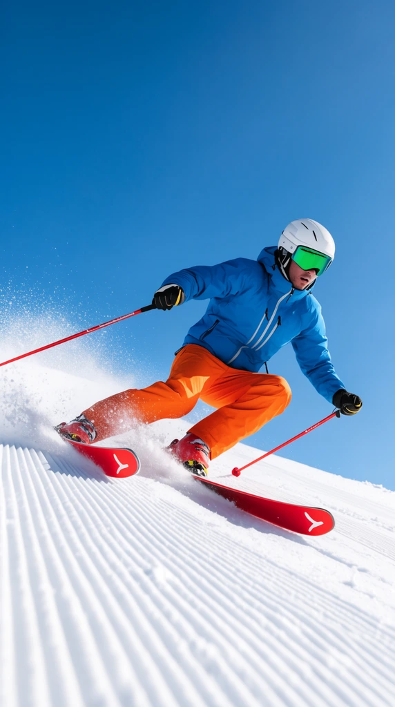 skier carving down a groomed corduroy snow slope, dynamic leaning posture spraying snow, bright blue jacket, orange pants, white helmet, green reflective goggles, red skis and poles, clear bright blue sky, low angle action sports photography, vibrant colors, sharp focus