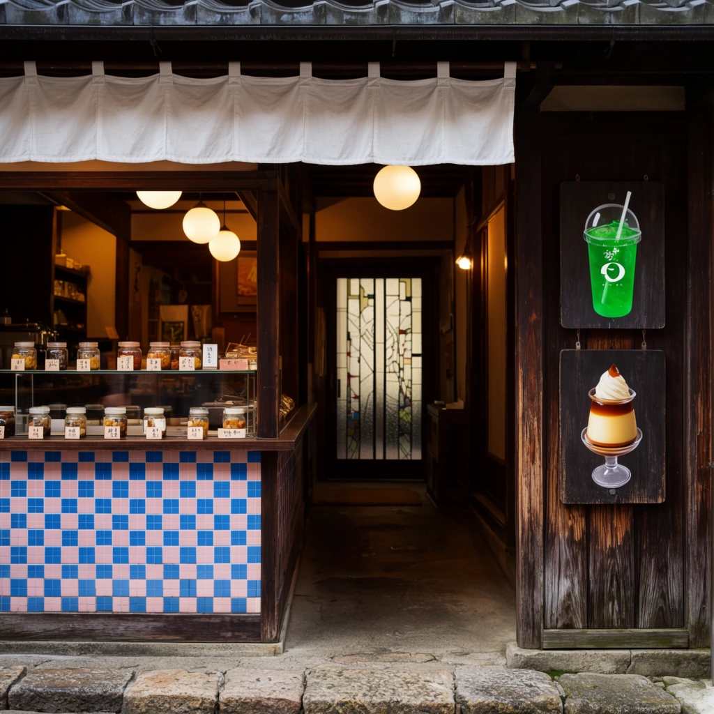 traditional Japanese storefront, dark weathered wood architecture, warm interior lighting, white fabric curtains along the eaves, glowing spherical pendant lights, display counter with blue and pink checkered tiles, glass shelves holding small jars, dark wooden street signs displaying a bright green soda float and caramel pudding, deep open interior leading to a patterned glass back door, rough stone-paved street in the foreground, inviting architectural travel photography, rich textures, eye-level perspective