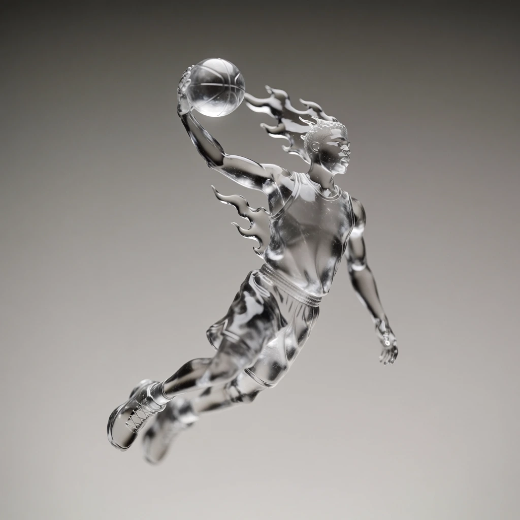 minimalist studio shot of a translucent glass basketball player captured mid-air, holding a crystalline basketball with trailing stylized glass flames, refractive clear material, polished surfaces with subtle caustic light reflections, soft top-down studio lighting, neutral grey gradient background, diagonal dynamic composition, shallow depth of field, sharp focus on the player, ultra-realistic cgi render, sleek monochromatic aesthetic, transparent crystalline textures.