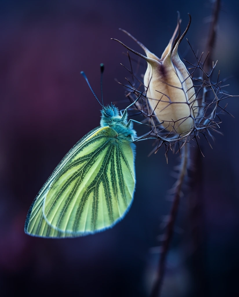 extreme macro photograph of a pale greenish-yellow butterfly clinging to a spiky bulbous seed pod, translucent wings displaying prominent dark green veins, fuzzy cyan-tinted thorax, slender clubbed antennae, fragile legs grasping wiry dark brown tendrils, pale beige seed pod encased in a delicate cage of thorns, heavily blurred moody background of deep plum and dark navy blue, extreme shallow depth of field, sharp focus, soft diffused lighting, cool dramatic color palette