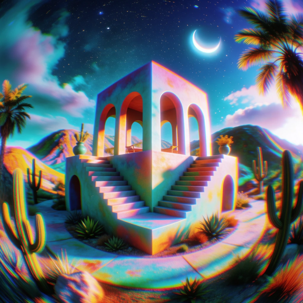 low-fidelity surreal architectural landscape, cube building with elegant arches and geometric stairs, desert flora with cacti and swaying palm trees, celestial night sky featuring wispy clouds, bright stars, and a glowing crescent moon, extreme fish-eye lens distortion, heavy chromatic aberration, motion blur, thick grainy film texture, vibrant psychedelic neon palette of teal, cyan, violet, and burning orange, ethereal glowing highlights, dreamy hallucinatory atmosphere, high contrast.