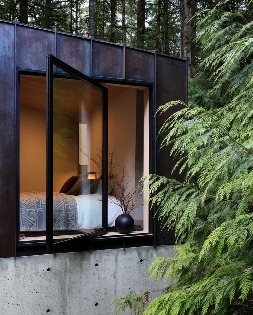 A modern cabin nestled in a dense coniferous forest features a large black-framed pivot window propped wide open to reveal a warm, intimate bedroom. Inside, a bed with a gray geometric blanket sits near a black vase holding bare branches. The exterior pairs dark patinated cladding with a raw concrete foundation marked by circular tie holes. Vibrant green, feathery cedar branches dominate the right foreground, contrasting the sharp architectural geometry with organic woodland textures. The natural lighting emphasizes the inviting interior against the moody exterior.