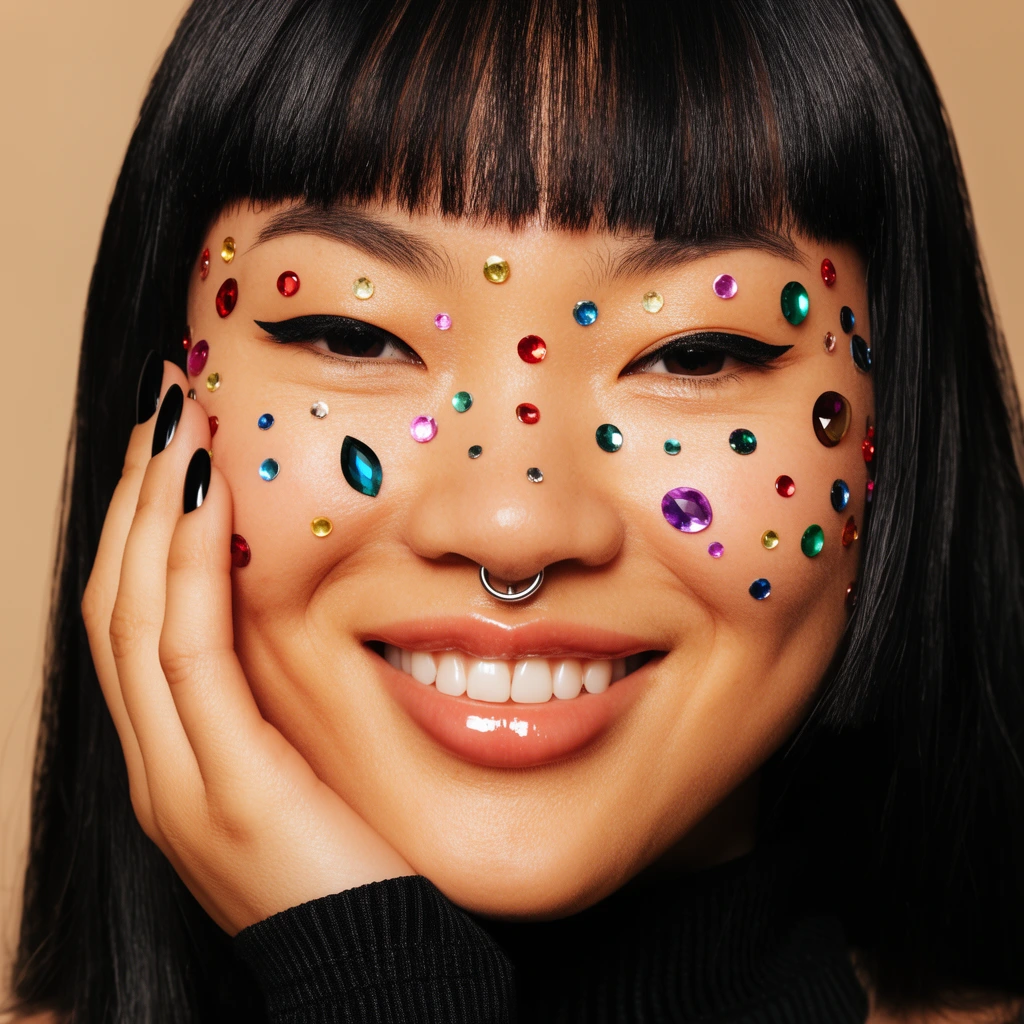 Close-up portrait of a smiling East Asian woman, face decorated with scattered colorful rhinestones and gems, straight black bangs, silver septum piercing, winged eyeliner, glossy lips, hand resting on cheek with black fingernails, black ribbed high-neck top, warm studio lighting, plain beige background, sharp focus, modern beauty photography