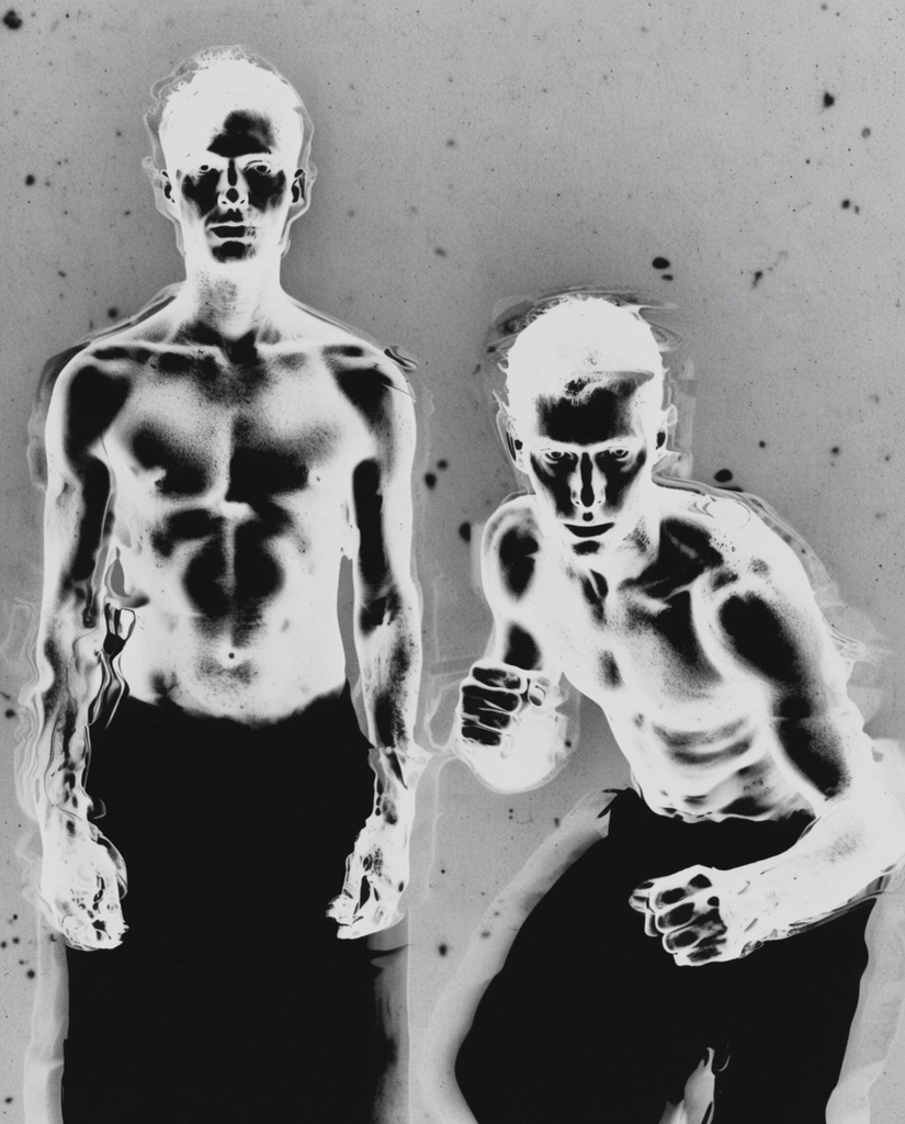 Two iterations of a bare-chested man appear side-by-side in a heavily distressed, inverted black-and-white composition utilizing severe solarization techniques. On the left, the man stands completely upright, and on the right, he crouches in a low fighting stance. The figures are rendered with a pronounced Sabattier effect, transforming their skin into a stark, luminescent white while natural highlights become deep, high-contrast black shadows that heavily sculpt their musculature. Ghostly, smeared edge distortions and liquid-like visual glitches warp the contours of their bodies, creating a degraded, experimental xerox aesthetic. Their lower halves transition into dense, matte black voids. The subjects are positioned against a flat, mottled light gray background textured with scattered dark specks, heavy photographic grain, and raw scanography artifacts. The reversed tonal values and harsh inverted directional lighting dictate the entire visual structure, emphasizing stark, graphic shapes and a gritty, high-contrast monochromatic palette.