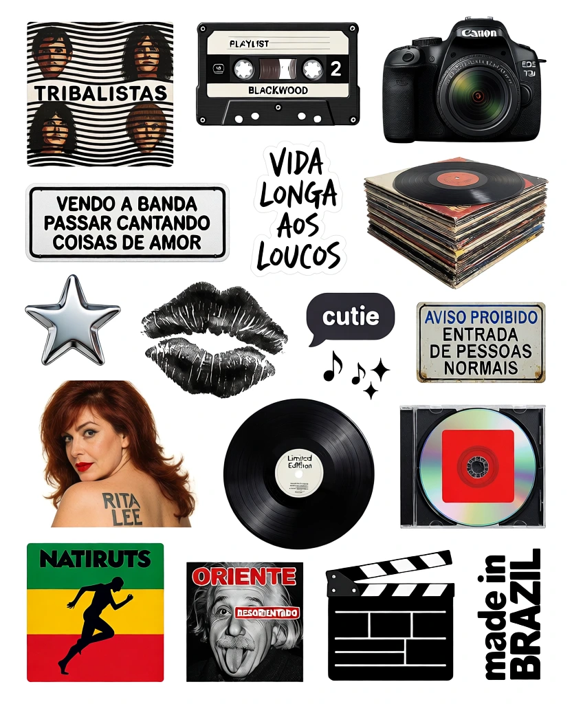 A collection of various pop culture, music, and Brazilian-themed stickers and graphics are arranged in a flat-lay collage against a plain white background. In the top-left corner, an album cover for "TRIBALISTAS" displays stylized faces amidst horizontal, wavy black and white lines. To its right is a black cassette tape sticker labeled with "PLAYLIST", "BLACKWOOD", and the number "2" in white text. A black Canon EOS T3i DSLR camera sticker occupies the top right. Below the first album cover is a rectangular white sign with a black border containing the text "VENDO A BANDA PASSAR CANTANDO COISAS DE AMOR" in bold, black, uppercase letters. In the center of the second row, a vertical white sticker features the handwritten text "VIDA LONGA AOS LOUCOS" in black. To its right sits a thick stack of vinyl records, their colorful sleeves visible on the side. Moving down, a metallic, silver-colored five-pointed star is on the left, followed by a large, black lipstick kiss mark in the center. Next to the kiss mark is a small, dark grey speech bubble with the word "cutie" in white lowercase letters, three small black musical notes, and two four-pointed sparkles. On the far right of the middle section, a rectangular sign reads "AVISO PROIBIDO ENTRADA DE PESSOAS NORMAIS" in blue and black text. Below the silver star, a photograph shows a woman with auburn hair and red lipstick looking over her shoulder, revealing a "RITA LEE" tattoo on her upper back. In the bottom-left area, a square graphic for the band "NATIRUTS" shows a black silhouette of a running figure over horizontal bands of green, yellow, and red. Below it is a collage for "ORIENTE" featuring a black and white image of Albert Einstein sticking out his tongue with the word "DESORIENTADO" in a red box. In the bottom-center, a black vinyl record with a white "Limited Edition" label sits above a black and white movie clapperboard with empty production fields. To the right, a CD in a clear jewel case with a prominent red square sticker is positioned above the vertically oriented text "made in BRAZIL" in a bold, black, sans-serif font. The overall aesthetic is a diverse mix of photographic, illustrative, and typographic styles, all presented with high contrast against the stark white backdrop.