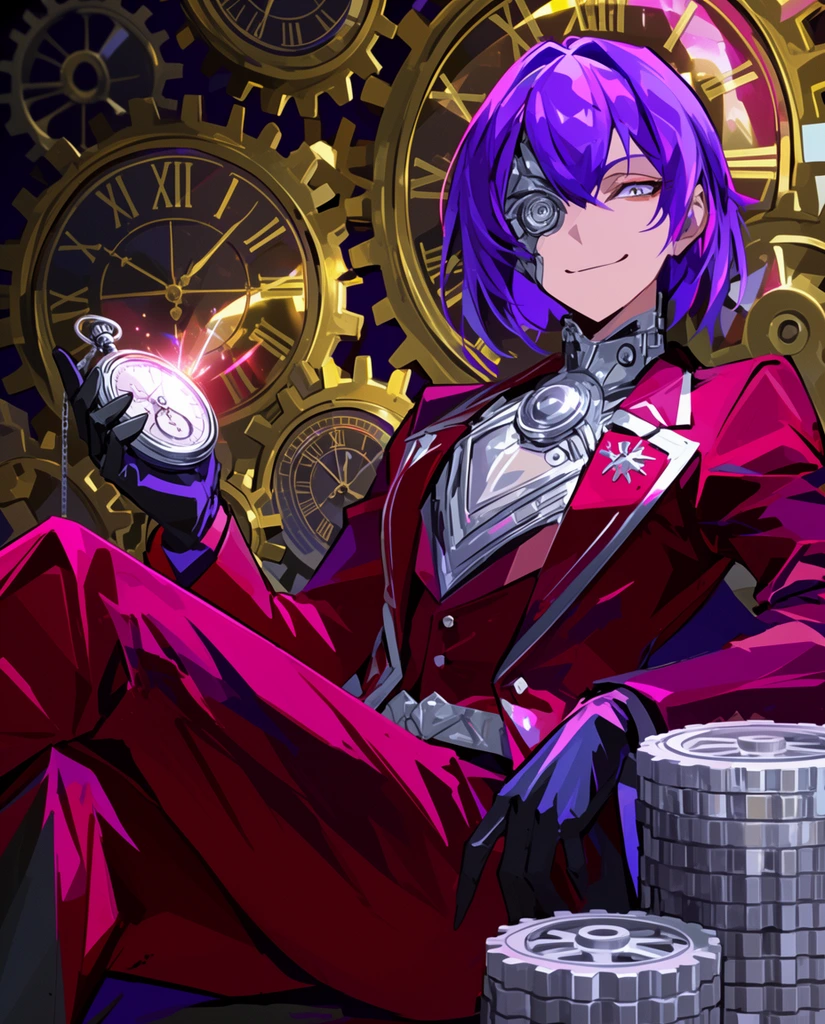 Dynamic anime illustration of a smug figure with short purple hair and silver mechanical eyes in a crimson and silver suit. They recline confidently, holding a glowing pocket watch. Massive interlocking brass gears and illuminated clock faces fill the dramatic background. Stacks of silver cogs sit in the foreground. Sharp angular shading and vibrant contrasting colors.