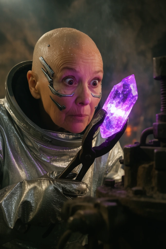 An older, bald woman with metallic facial implants stares intensely at a brightly glowing, jagged purple crystal held near her face with heavy iron tongs. Sweat beads on her forehead in the heat of a dark, smoky subterranean forge. The intense purple light illuminates her wide eyes and reflects off her heavy silver thermal suit. Out-of-focus industrial machinery frames the foreground. Cinematic lighting creates dramatic contrast between the radiant crystal and shadowy background, using shallow depth of field to isolate her focused expression.