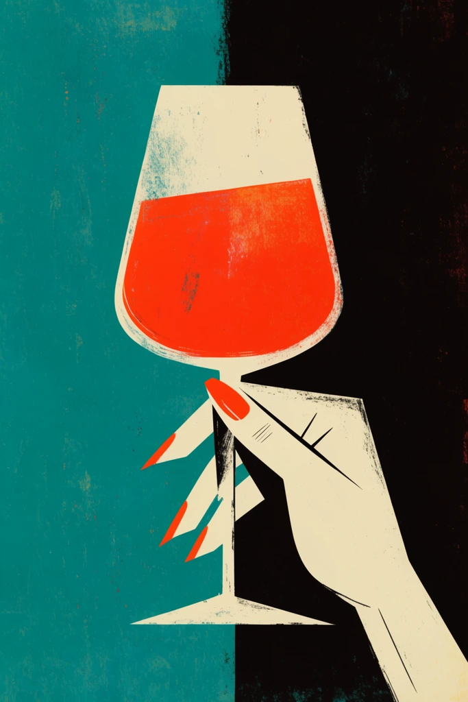 Pale hand holding a wine glass with red-orange liquid, mid-century illustration, split teal and black background, textured silkscreen effect, sharp angles, minimalist graphic design