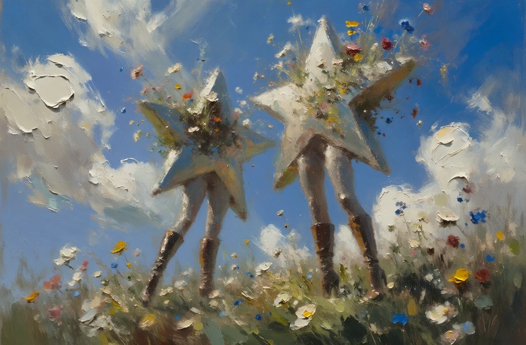 impressionistic oil painting style, thick visible impasto brushstrokes, low-angle perspective, two anthropomorphic five-pointed star figures with slender limbs wearing tall high-heeled boots, standing in a lush wildflower meadow, flowers blooming from their stellar bodies, ethereal and dreamlike atmosphere, bright cerulean blue sky with sweeping white clouds, soft focus, high-key natural lighting, palette of sky blue, ochre, cream, and vibrant floral accents, loose painterly execution.