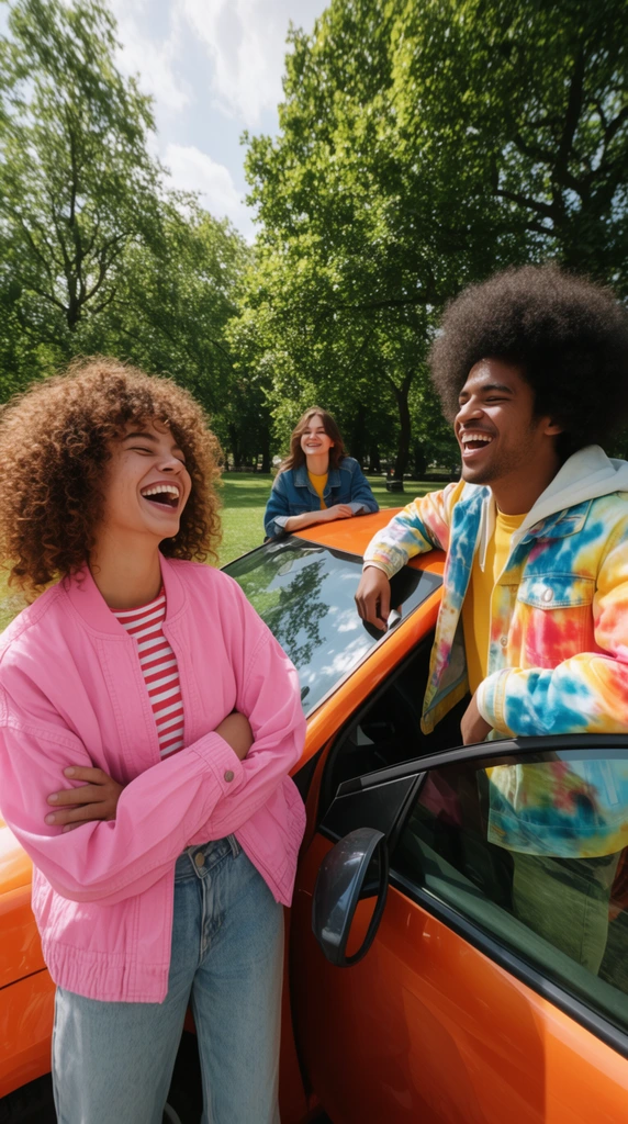 three young adults laughing by an orange car, curly-haired woman in pink jacket, man with afro in tie-dye jacket, sunny green park, wide-angle shot