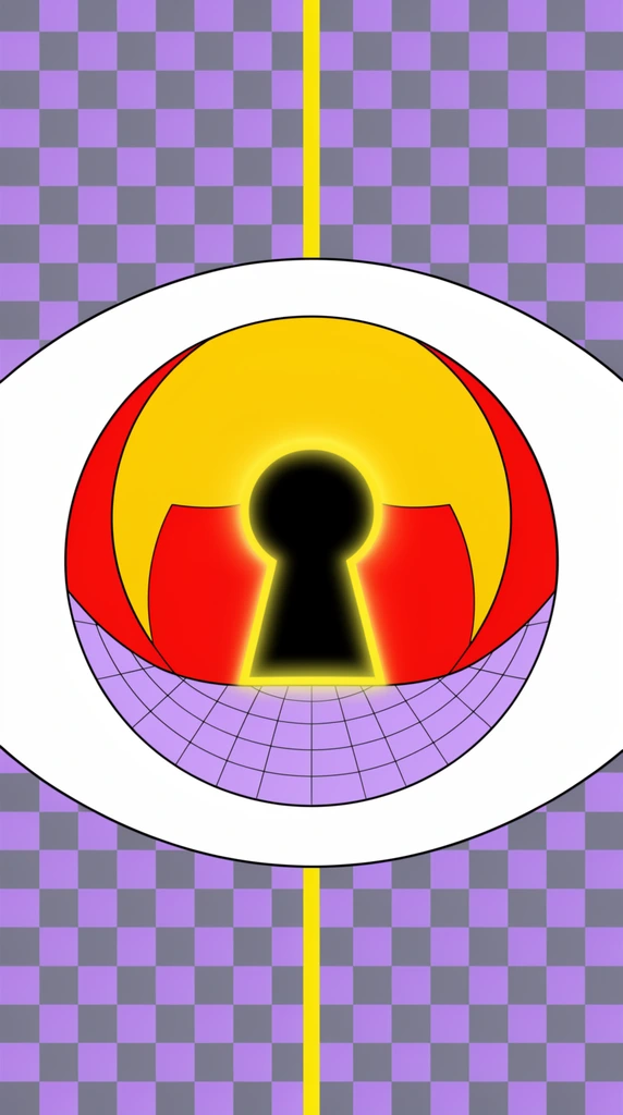 A pop-art graphic of a giant eye centered on a purple and grey checkerboard background divided by a vertical yellow line. The white sclera frames a complex circular iris containing a black keyhole encased in a glowing yellow aura. This central emblem is detailed with curved yellow forms, bold red geometric panels, and a sweeping light-purple wireframe grid along the bottom. The symmetrical composition features flat shading, vivid contrasting hues, and crisp outlines.
