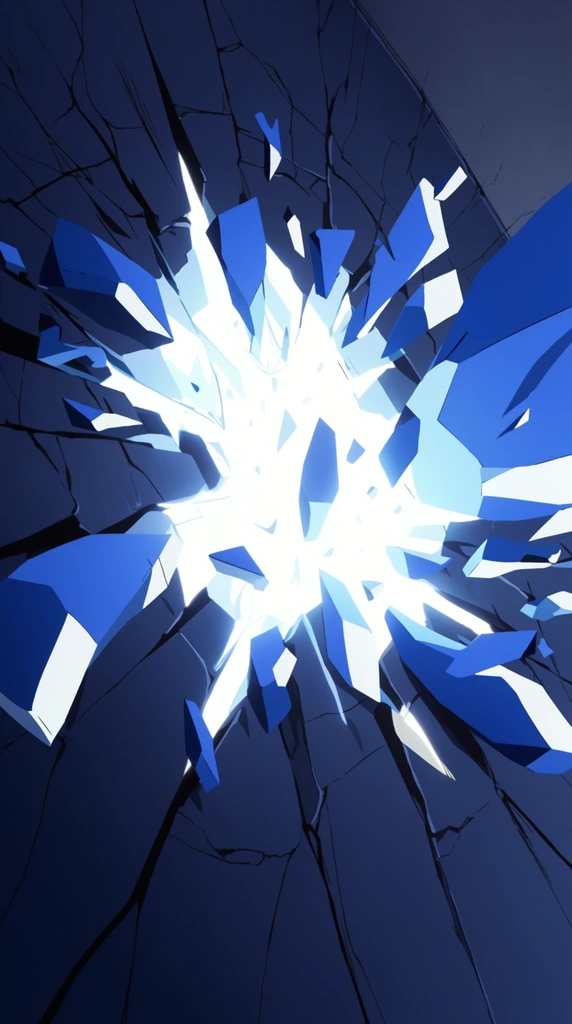 A blinding burst of pure white light erupts from the center of a shattered dark blue surface, sending sharp, geometric fragments flying outward. The exploding chunky shards feature stark cel-shaded facets of vibrant blue and white. Deep, spiderweb-like black cracks radiate aggressively across the dark surrounding material from the glowing epicenter. The composition mimics a dynamic 2D animation impact frame, characterized by sharp angles, intense backlighting, and kinetic explosive energy. The angled close-up focuses entirely on the violent destruction of the plane, utilizing a high-contrast palette of deep navy, striking blue, and brilliant white to emphasize the immense outward force.