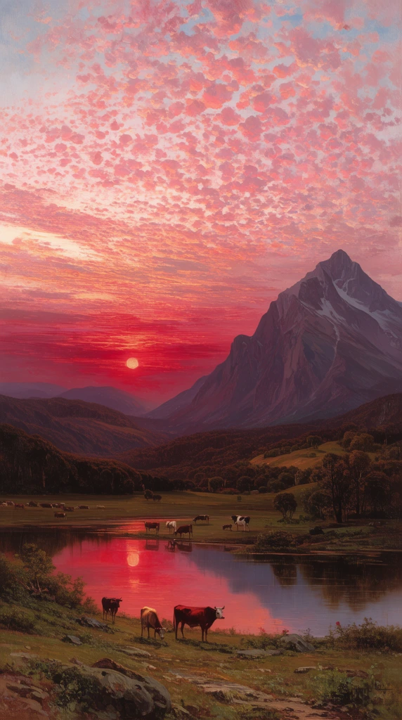 A sweeping romantic landscape painting features a vibrant sunset casting a crimson glow over a tranquil valley. Cattle graze along a calm lake reflecting a spectacular sky filled with dappled pink and orange clouds. Beyond forested rolling hills, a massive mountain peak rises dramatically on the right. The luminous oil composition showcases deep atmospheric perspective, rich earthy tones, and meticulous detail emphasizing the majestic scale of the natural scenery.