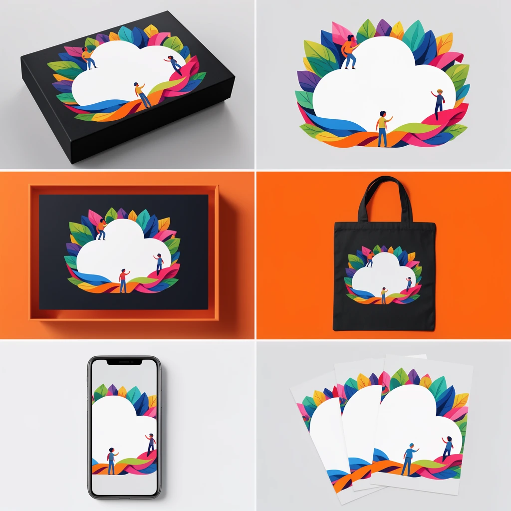 3x2 grid of product mockups on light grey, black box, dark badge, orange shadow box, black canvas tote bag, mobile device, printed cards, unified vivid vector graphic of a white abstract cloud shape framed by colorful overlapping leaves, vibrant ribbons, tiny stylized figures exploring the shapes, clean studio lighting