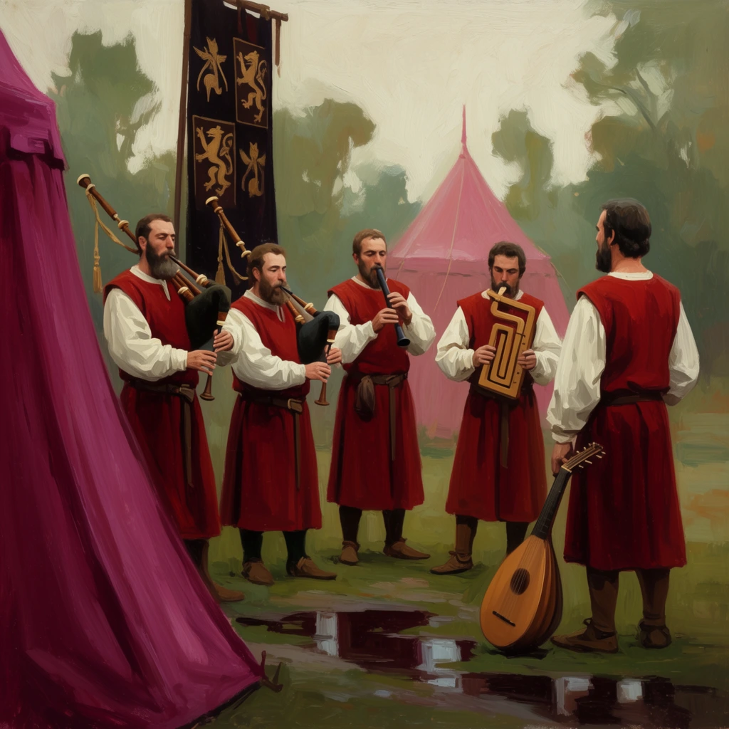 Five medieval musicians in matching sleeveless red tunics and voluminous white shirts stand in a grassy field playing historical instruments. The bearded men play bagpipes beside a dark banner bearing gold heraldic symbols, a dark woodwind, and a rectangular cranked instrument. Another man stands right, facing away, holding a lute resting on the ground. A tall magenta draped tent anchors the left foreground. Behind the group, a conical pink tent and stylized green trees fade into a hazy sky. The oil painting features thick, deliberate brushstrokes, an earthy color palette, and soft lighting reflecting off dark ground puddles.