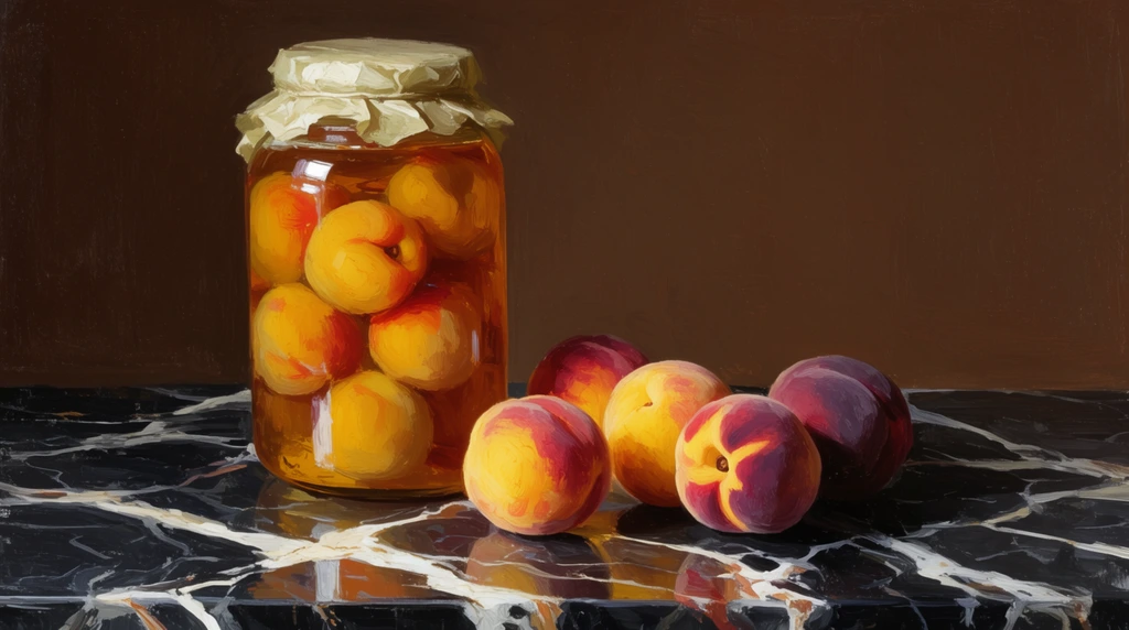 A tall glass jar filled with round yellow and orange peaches preserved in amber liquid, sealed with a crumpled light-colored cover, sits on a dark, highly reflective marble surface with striking, thick white veins. To the right, a small cluster of five fresh peaches in varying shades of golden-yellow and deep reddish-purple rests directly on the marble. The background is a flat, dark brown tone. The still life scene features a traditional oil painting style with thick, visible brushstrokes, rich lighting, and a warm, earthy color palette highlighting the glossy reflections on the table.