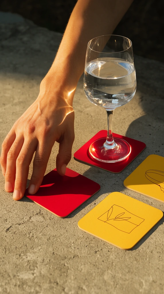A sunlit hand reaches for a red square coaster on a concrete surface beside a stemmed glass of clear liquid. The glass sits on a matching red coaster casting a sharp caustic shadow. Two yellow coasters with minimalist line drawings rest nearby under warm directional golden hour lighting.