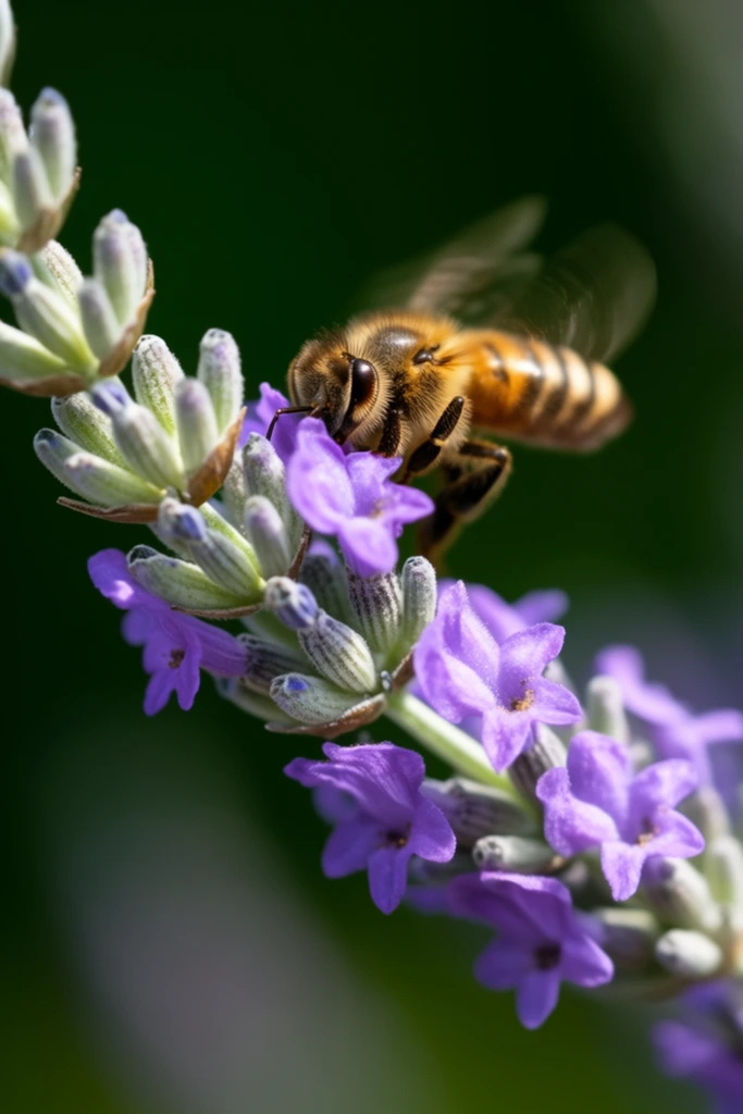 A honey bee hovers over a vibrant sprig of purple lavender in a detailed macro photograph. The insect's fuzzy golden-brown and black-striped body is sharply focused as it feeds from delicate violet blossoms, its wings captured in a rapid motion blur. A pale green stem angles diagonally across the frame, bearing tightly clustered silver-green buds and fully opened star-shaped florets. The composition utilizes a very shallow depth of field, dissolving the background into a smooth, dark emerald bokeh that isolates the warmly lit bee and the cool-toned flowers. Natural sunlight highlights the intricate textures of the bee's thorax and the soft surface of the delicate petals.