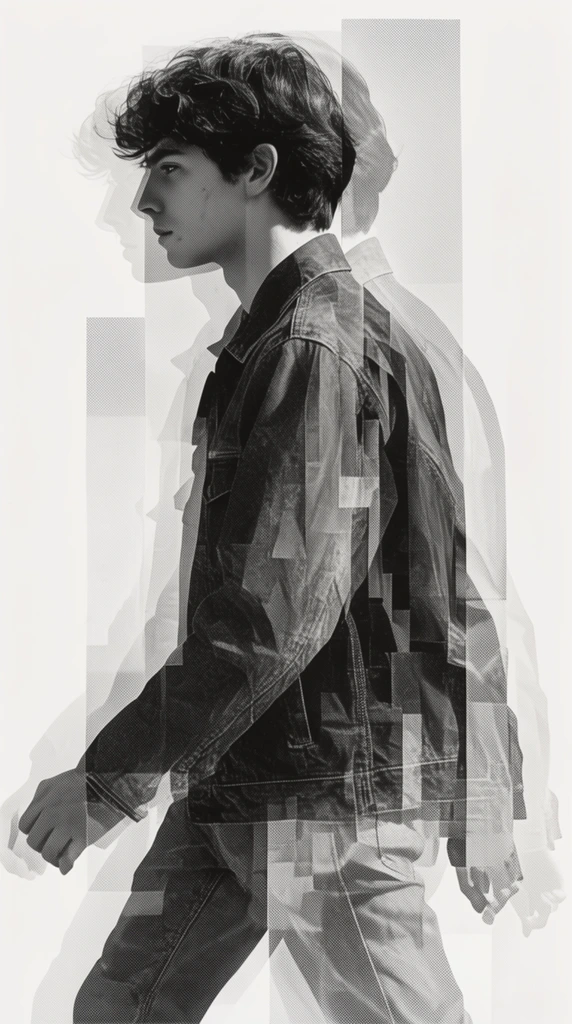 profile of a young man walking left, black and white double exposure collage, geometric fragmented slicing, dark wavy hair, collared jacket with visible seams, offset ghosted silhouettes, layered transparency, vertical rectangular masking, high contrast halftone print texture, stark white background