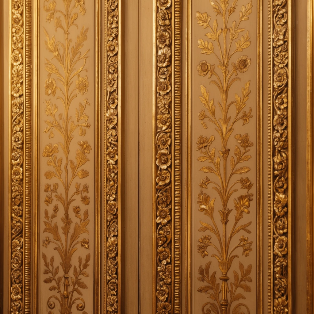 A close-up of opulent vertical wood paneling adorned with intricate gilded floral motifs and raised moldings. Flat beige-toned sections display symmetrical, stylized golden plant stems featuring detailed leaves and blossoms. These are separated by thick, three-dimensional borders heavily carved with repeating golden floral garlands and geometric ridges. Soft directional lighting catches the metallic sheen of the gold leaf, casting subtle shadows that emphasize the deep relief. The tight cropping and warm palette of rich golds and ochres highlight the luxurious classical architecture.