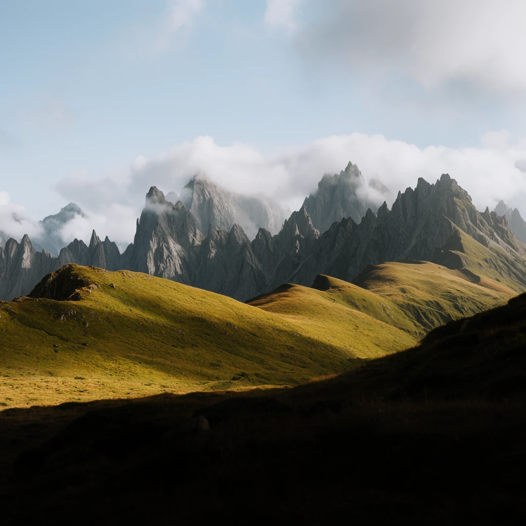 sweeping alpine landscape, sunlit golden-green grassy rolling hills, sharp jagged gray mountain peaks shrouded by low-hanging white clouds, deep dark shadows dominating the immediate foreground, pale blue sky with scattered soft clouds, high contrast natural sunlight, atmospheric perspective, cinematic landscape photography, moody lighting, rich earth tones