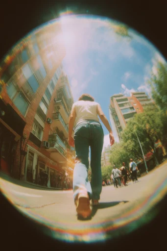 Sun-Drenched Fisheye Dreamscape style reference image — low-angle perspective