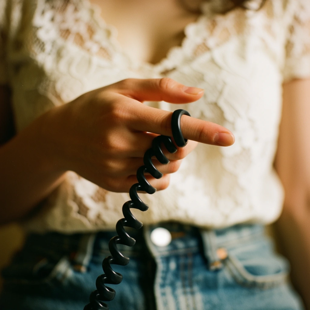A close-up of a hand twirling a coiled black telephone cord around an index finger. The subject wears an off-white lace top and blue denim jeans. Soft warm lighting, shallow depth of field, and a grainy vintage film aesthetic highlight the tactile details.