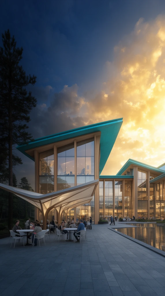 A modern architectural complex with expansive glass facades, light wood pillars, and striking teal rooflines overlooks an outdoor plaza at golden hour. People gather at round tables with white chairs beneath a freestanding butterfly-roof canopy. The paved gray plaza borders a reflective water pool on the right and tall dark pine trees on the left. Large windows reveal warm interior lighting, contrasting with a dramatic sky transitioning from deep twilight blue to brilliant, blooming golden sunlight. Rendered as a photorealistic architectural visualization with a wide-angle perspective and high-contrast lighting.