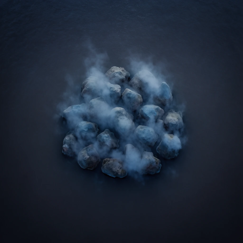 A central cluster of textured rocks emerging from a dark body of water, enveloped in dense, swirling steam, captured from a strict top-down, bird's-eye perspective. The rocks form a tightly packed, organic arrangement directly in the absolute center of the composition. Plumes of pale, powdery blue steam cling densely to the rocky surfaces, weaving through the crevices and resting softly over the stone formations. An expansive, flat surface of deep water surrounds the central cluster entirely, functioning as an immense border of negative space. The lighting is low-key, soft, and highly diffused, casting gentle, deep shadows that define the volume of the rocks while softly illuminating the upper edges of the steam. The color palette is strictly limited to desaturated, cool tones, heavily featuring deep indigo, slate grey, muted denim blue, and pale off-white highlights. The outer edges of the surrounding water feature a heavy, dark vignette, giving the peripheral water a thick, matte, velvety appearance. The overall visual treatment possesses the razor-sharp, high-resolution aesthetic of fine-art editorial photography, characterized by a highly controlled, still atmosphere and deep contrast between the central illuminated elements and the vast, dark void surrounding them.