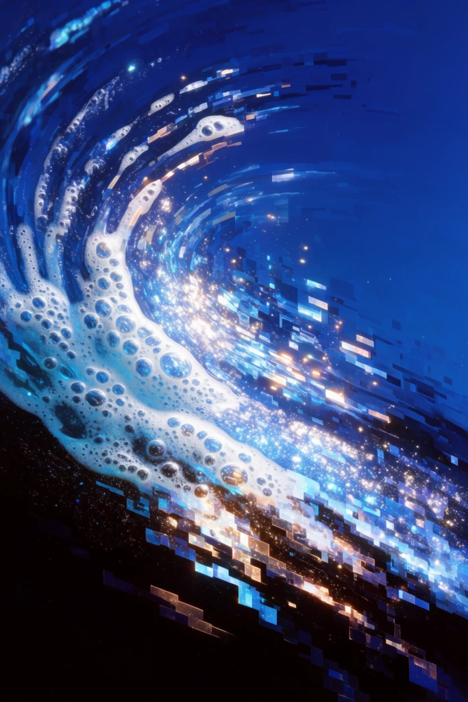 Liquid soap and water slide down a glass windshield in a sweeping, vortex-like cascade carrying dense clusters of tightly packed air bubbles, rendered in a surreal, digitally fragmented aesthetic. The fluid mixture disintegrates as it moves, transforming into a dynamic spray of luminous, rectangular digital blocks, pixelated shards, and elongated light trails curving across the frame. The composition features a dramatic high-contrast chiaroscuro, anchored by deeply shadowed, pitch-dark areas at the bottom that transition abruptly into an intensely bright, glowing swirl. The color palette is dominated by a rich gradient of deep ultramarine and sapphire blue, sharply offset by brilliant cool whites, vibrant cyans, and warm, coppery golden highlights catching the edges of the fragmented soap streaks. The air bubbles glow with intense luminosity, resembling dense clusters of brilliant starlight that scatter tiny, radiant specks of white and warm gold illumination throughout the curved trajectory of the liquid. The overall visual blends hyper-realistic macro fluid dynamics with a glowing, long-exposure digital glitch effect, creating a sweeping sense of pixelated, kinetic motion against the deep, saturated blue background.