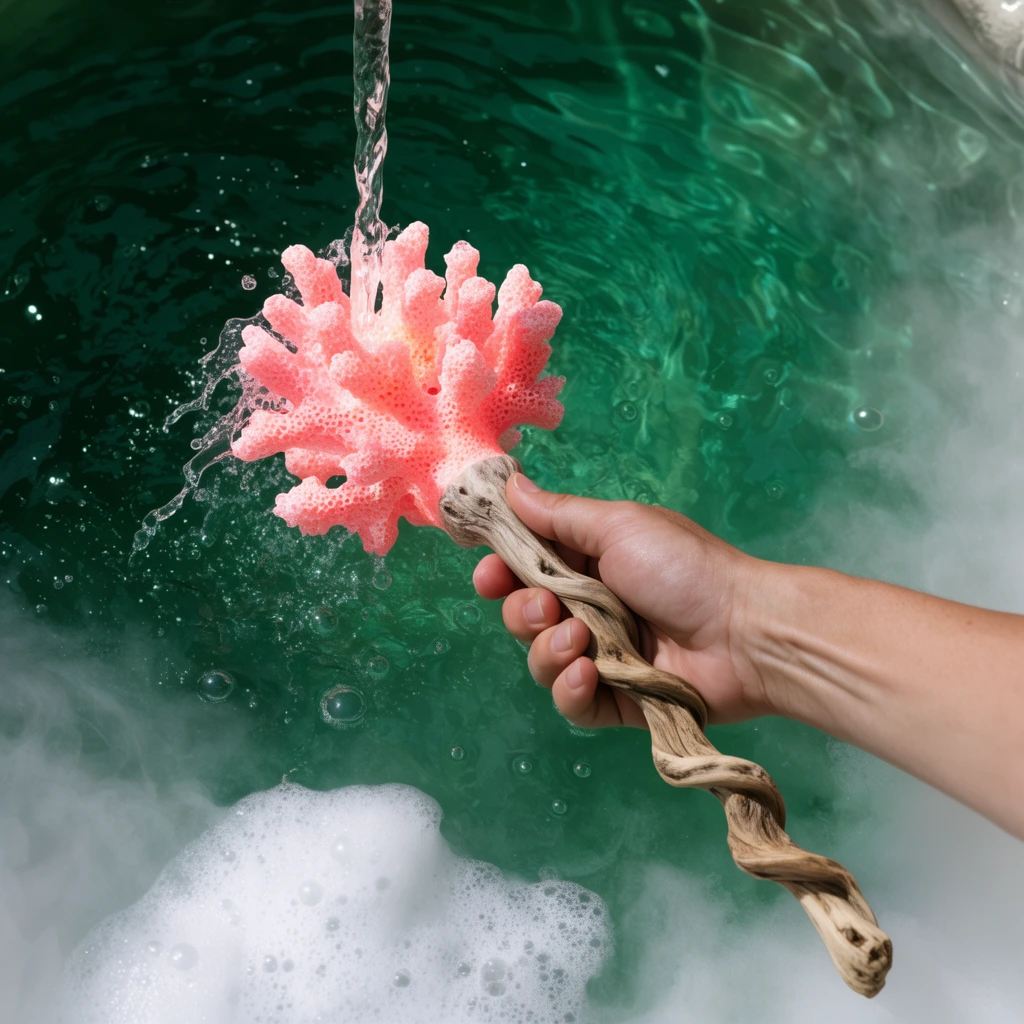A hand grips a glowing pink coral wand with a spiraling driftwood handle, plunging it into a misty emerald pool. A steady stream of clear water pours from above, splashing directly onto the wand's porous head. Fluffy white foam clusters near the bottom edge of the deep green water. The top-down perspective captures the arm extending diagonally. Bright lighting highlights the water's surface ripples, submerged bubbles, and the rough organic texture of the coral instrument.